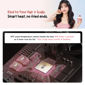 Handheld pink hair dryer with internal NTC circuit graphic below