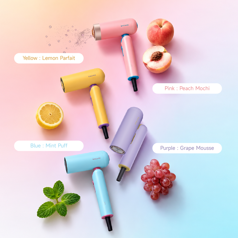 Assorted pastel handheld hair dryers with narrow nozzles in four colors