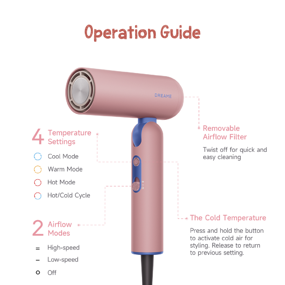 Pink handheld hair dryer with visible temperature and airflow control buttons