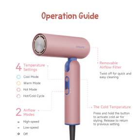 Pink handheld hair dryer with visible temperature and airflow control buttons
