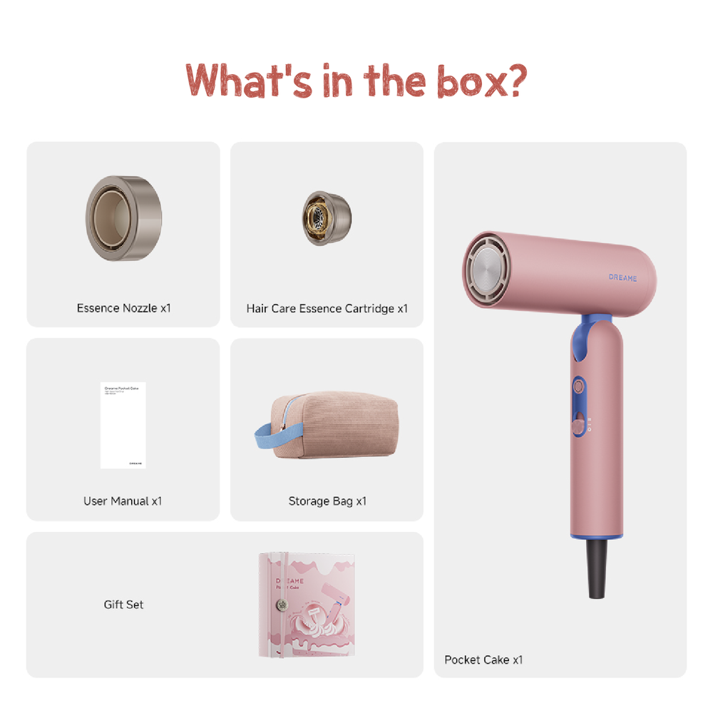 Hair care hair dryer set with pink handheld unit, cartridge, and nozzle attachments
