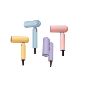 Handheld hair dryer set with blue, pink, gold, and purple Pocket Cake style units