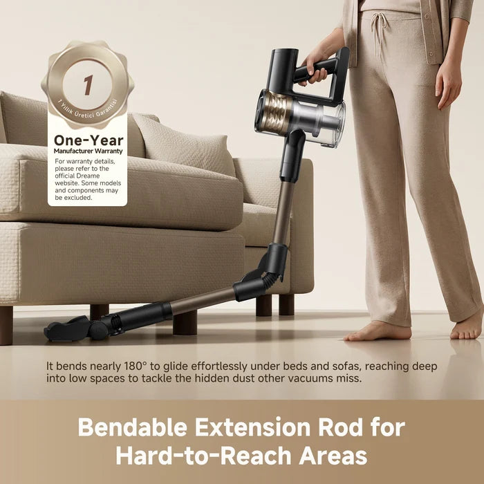 Cordless stick vacuum used for reaching under furniture with bendable extension rod