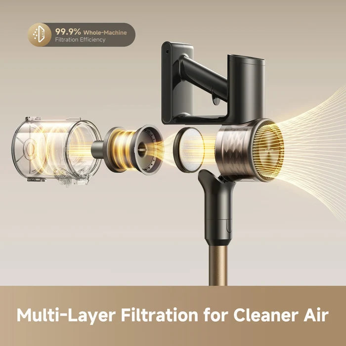 Cordless stick vacuum filtration system with dust chamber and air duct nozzle