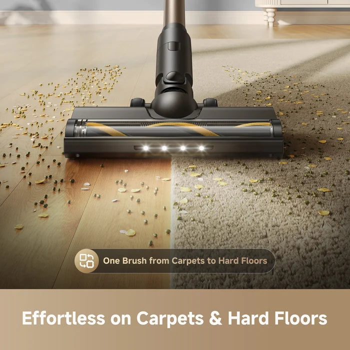 LED-lit floor brush attachment for cordless stick vacuum on carpet and hard floors