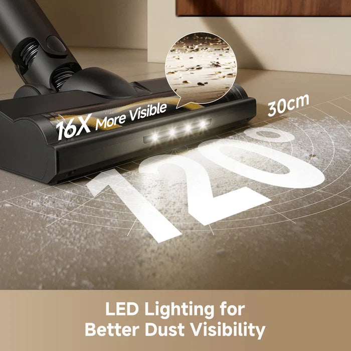 LED floor nozzle with visible light stream for improved dust visibility