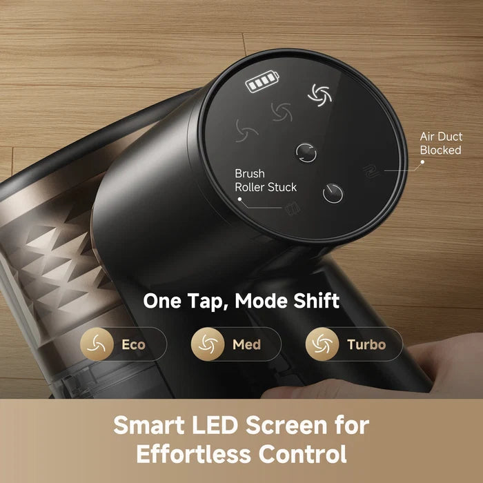 Black cordless stick vacuum motor head with smart LED control screen and mode icons