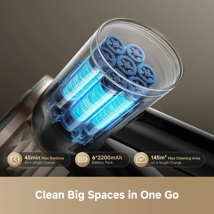 Cordless stick vacuum with clear dust bin showing filter stack and airflow path
