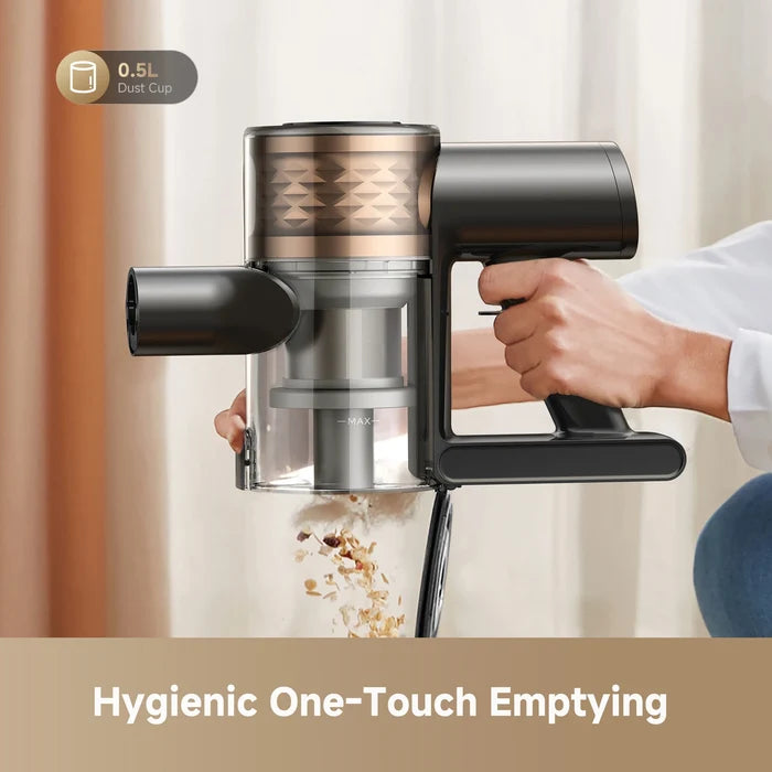 One-touch emptying cordless stick vacuum with transparent dust cup and filter housing