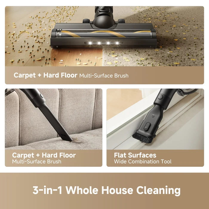Cordless stick vacuum floor brush head with LED lights and multi-surface cleaning