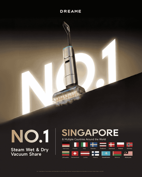 Dreame steam wet and dry cordless vacuum cleaner promotional graphic, No.1 Singapore