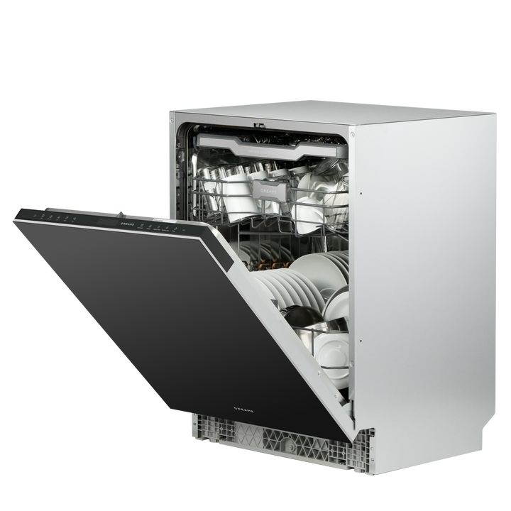 Fully integrated dishwasher door open, control panel and loading interior visible