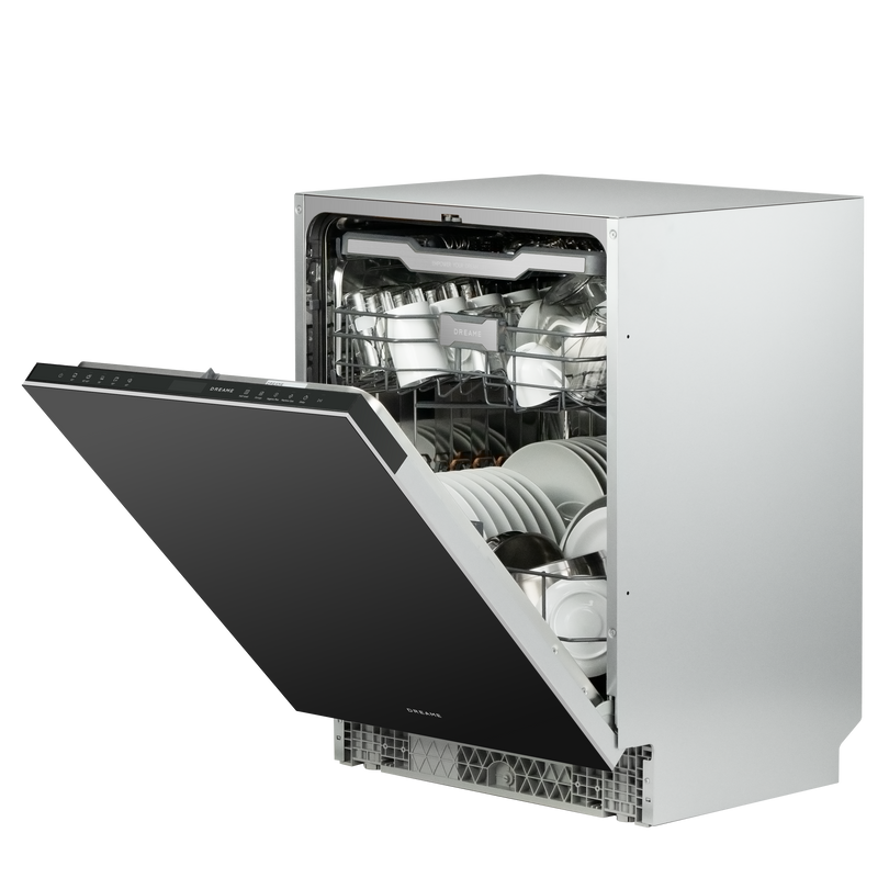 Fully integrated dishwasher door open, control panel and loading interior visible
