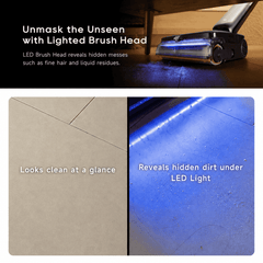 Cordless wet & dry vacuum cleaner with LED-lit brush head on floor tiles