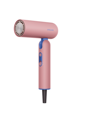 Pink pocket cake hair dryer with round air intake and blue side controls.