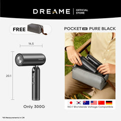 Dreame Pocket Uni compact black hair dryer with concentrator nozzle and travel pouch
