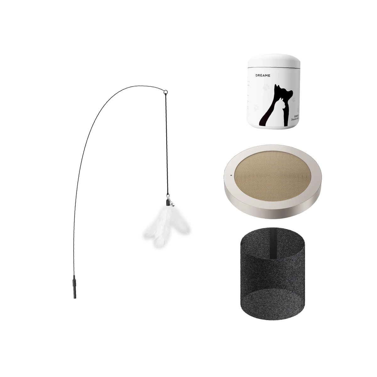 Cat teaser wand accessory with white feather toy, hanging cord, and replacement parts