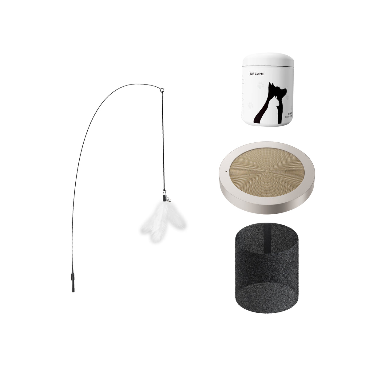 Cat air purifier accessory set: hanging teaser wand, round mesh filter, charcoal filter