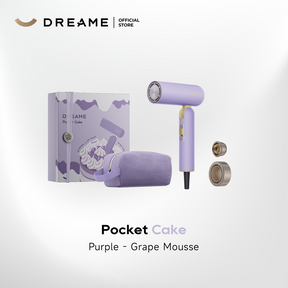 Purple handheld hair dryer kit with narrow nozzle and included storage bag