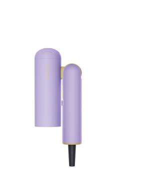 Purple pocket cake hair dryer with round air intake and dark handle base.