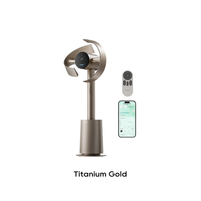 Titanium Gold bladeless DC fan with phone app screen and handheld remote