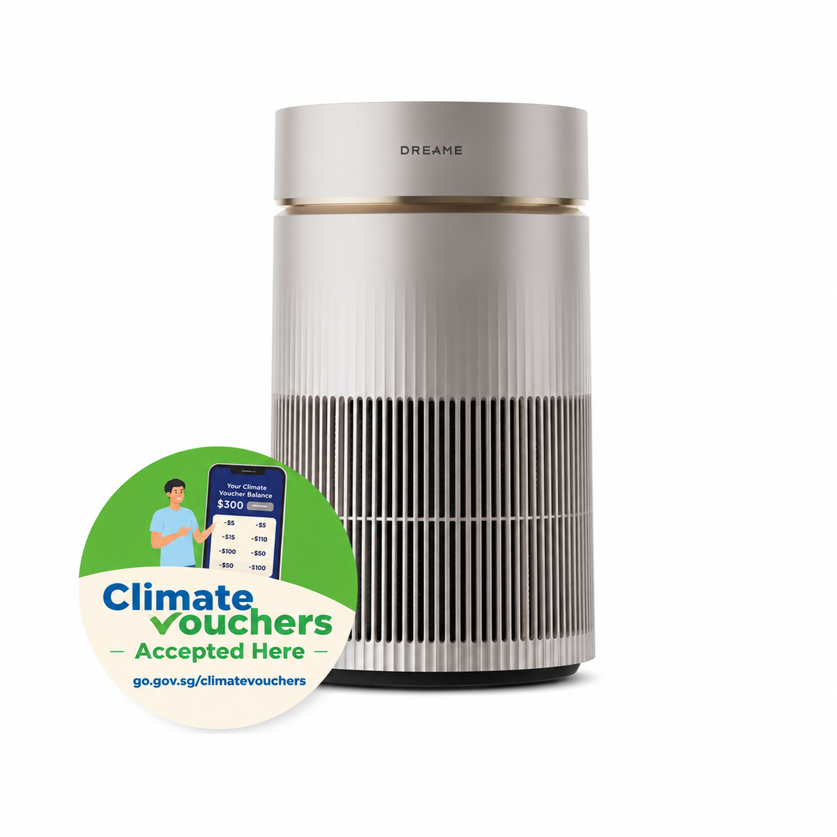 White air purifier with Climate Voucher badge on the front