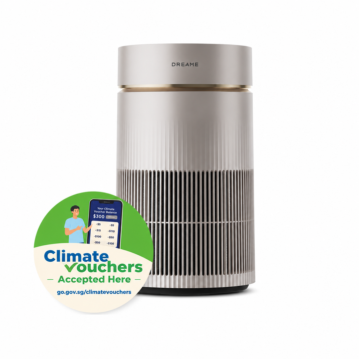 White air purifier with Climate Voucher badge on the front