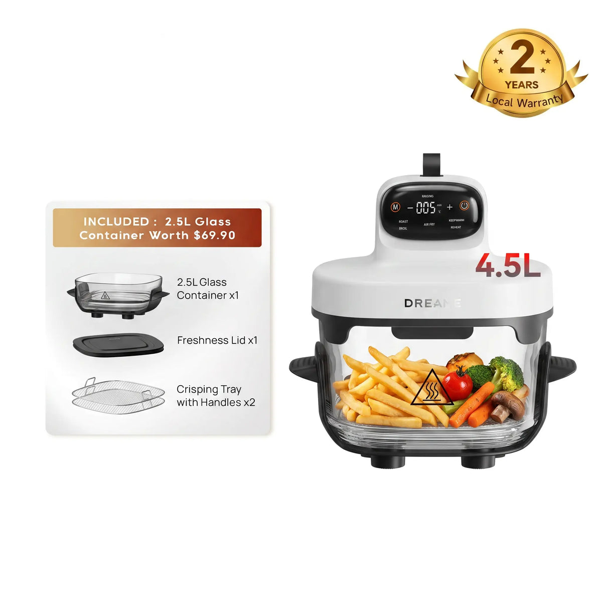 Moonlight White portable glass air fryer with clear 2.5 L container and cooking basket