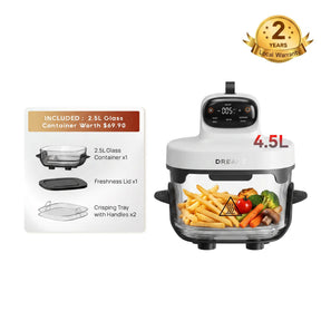 Moonlight White portable glass air fryer with clear 2.5 L container and cooking basket