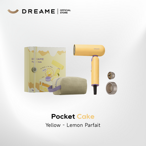 Yellow handheld hair dryer kit with narrow nozzle and included storage bag