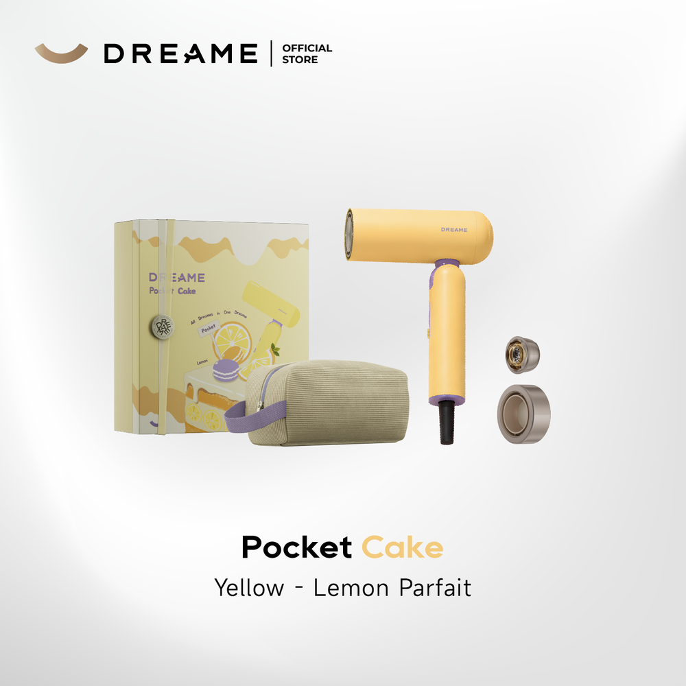 Yellow handheld hair dryer kit with narrow nozzle and included storage bag